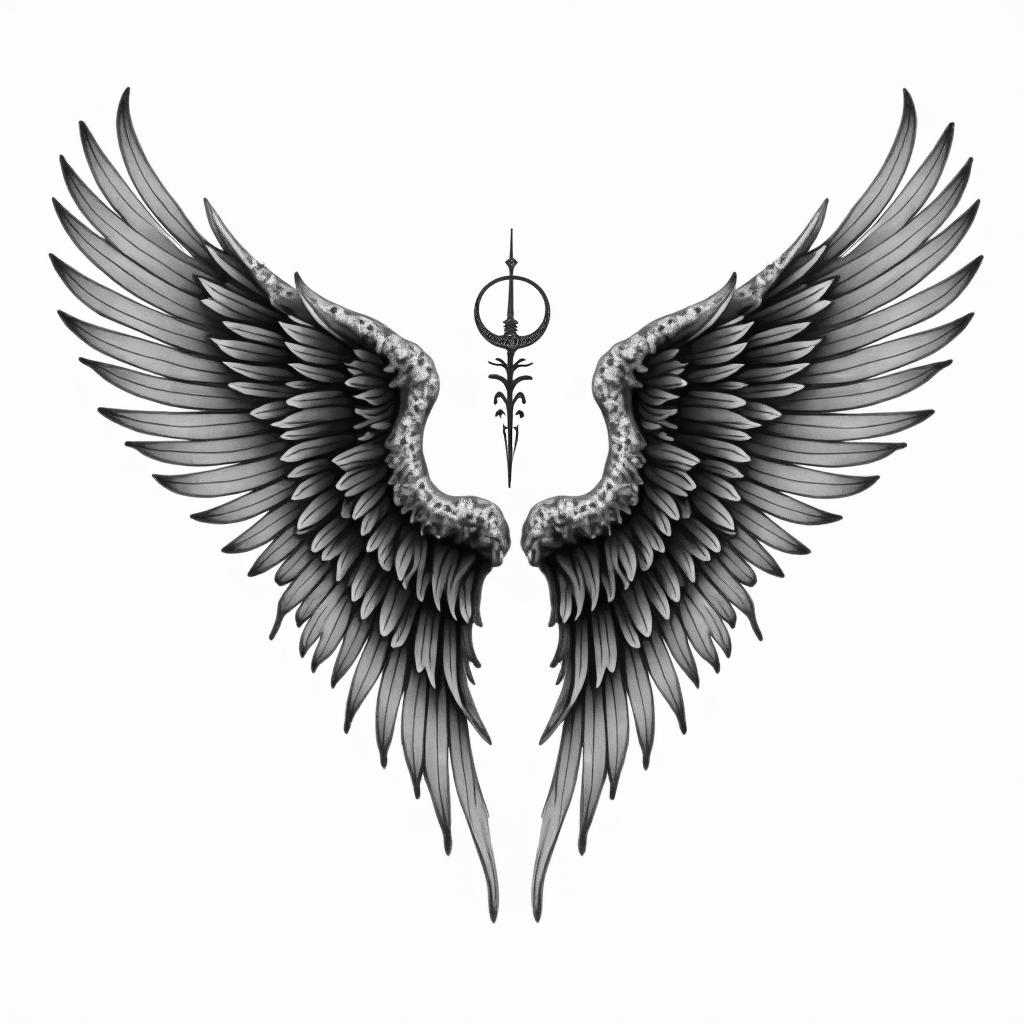 Angel wings with detailed feathersin paganic style tattoo, featuring ancient symbols, add vegvisir symbol, mystical figures, incorporating designs, pentagrams, runes, crescent moons, - Variation 7