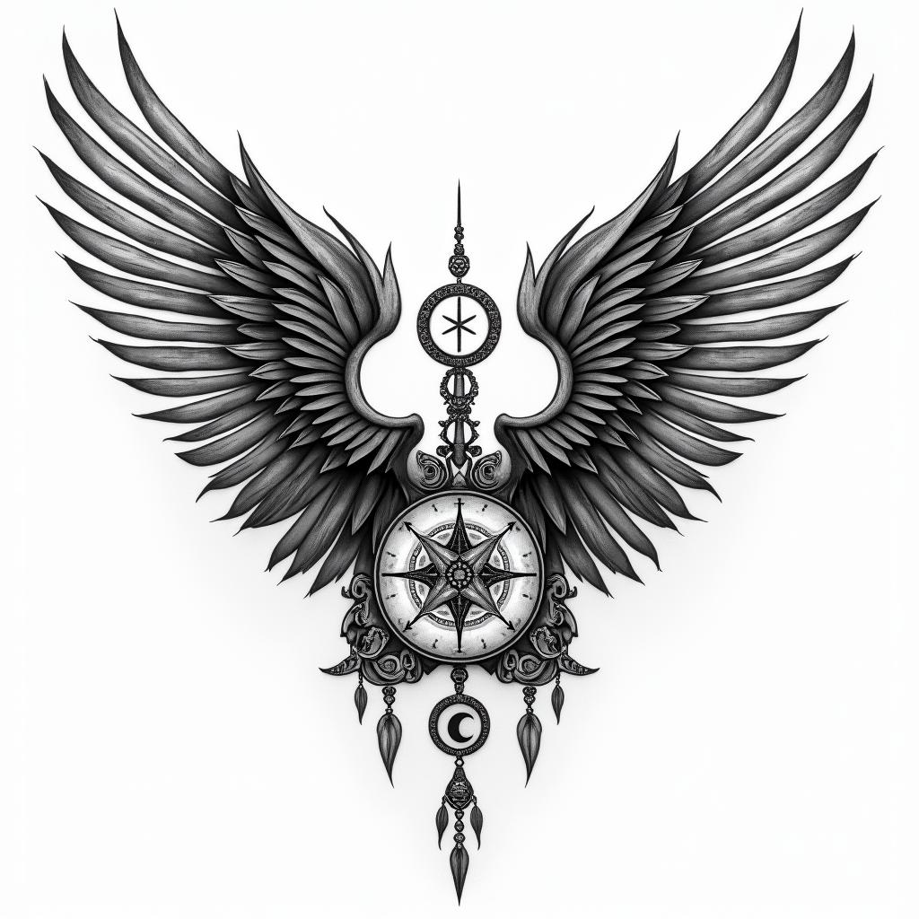 Angel wings with detailed feathersin paganic style tattoo, featuring ancient symbols, add vegvisir symbol, mystical figures, incorporating designs, pentagrams, runes, crescent moons, - Variation 9