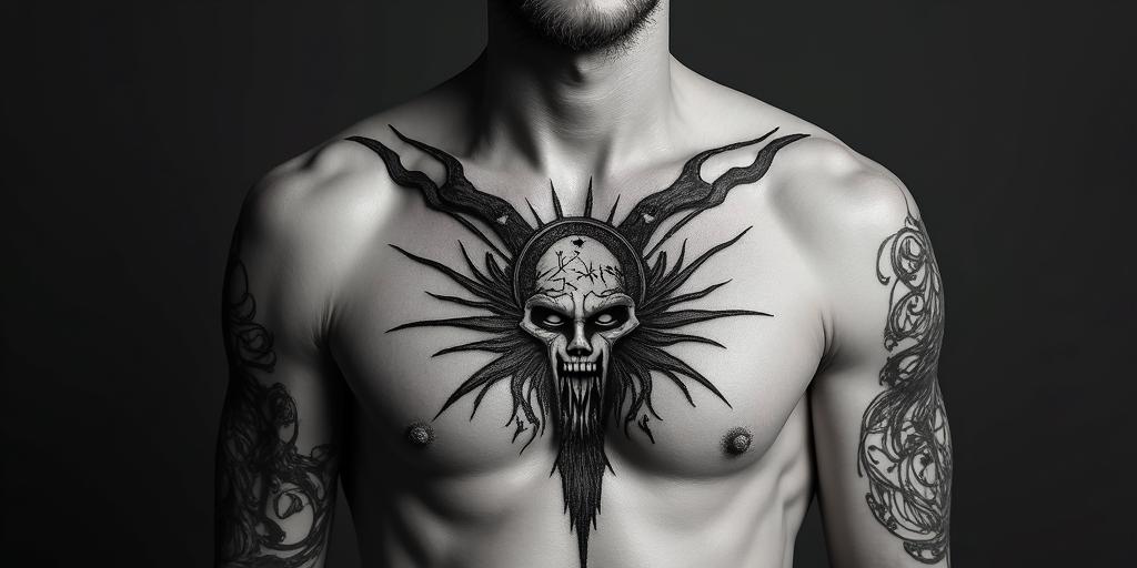 Norse Goddess Hel (In Norse mythology, Hel is described as a being of striking duality: half flesh-colored and half blue, often associated with death. This visual representation, along with her grim and fierce expression, emphasizes her role as the queen of Helheim, the underworld)in paganic style tattoo, featuring ancient symbols, add vegvisir symbol, mystical figures, incorporating designs, pentagrams, runes, crescent moons, - Variation 2