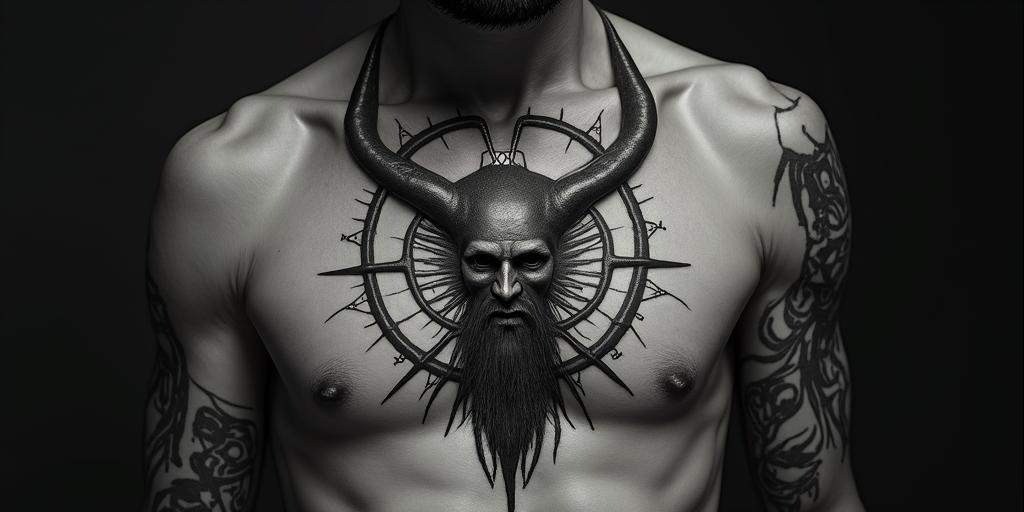 Norse Goddess Hel (In Norse mythology, Hel is described as a being of striking duality: half flesh-colored and half blue, often associated with death. This visual representation, along with her grim and fierce expression, emphasizes her role as the queen of Helheim, the underworld)in paganic style tattoo, featuring ancient symbols, add vegvisir symbol, mystical figures, incorporating designs, pentagrams, runes, crescent moons,