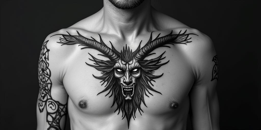 Norse Goddess Hel (In Norse mythology, Hel is described as a being of striking duality: half flesh-colored and half blue, often associated with death. This visual representation, along with her grim and fierce expression, emphasizes her role as the queen of Helheim, the underworld)in paganic style tattoo, featuring ancient symbols, add vegvisir symbol, mystical figures, incorporating designs, pentagrams, runes, crescent moons, - Variation 3