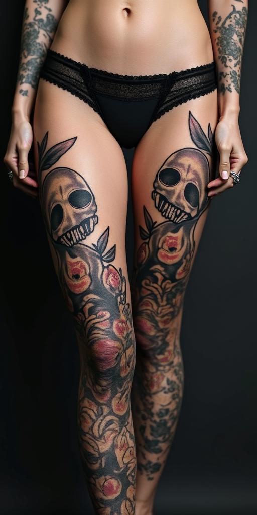 Knives, Lilys, skulls in horror tattoo style, showcasing haunting and unsettling, dark and gritty textures with skulls, eerie faces, jgged designs, bold and intense shading