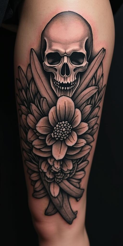 Knives, Lilys, skulls in horror tattoo style, showcasing haunting and unsettling, dark and gritty textures with skulls, eerie faces, jgged designs, bold and intense shading - Variation 3