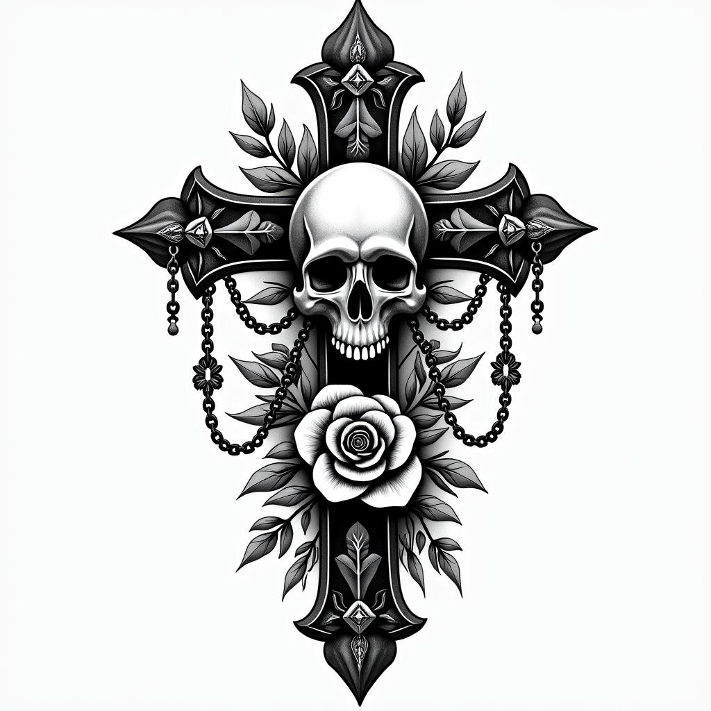 1999 wildflowersin chicano style tattoo, featuring intricate black and grey shading, bold elements of traditional chicano culture symbols, add a big cross with skull, chains and roses - Variation 4