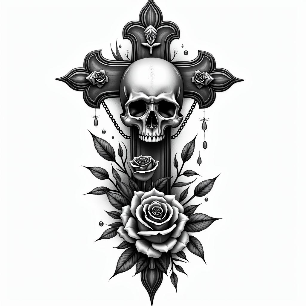 1999 wildflowersin chicano style tattoo, featuring intricate black and grey shading, bold elements of traditional chicano culture symbols, add a big cross with skull, chains and roses - Variation 3