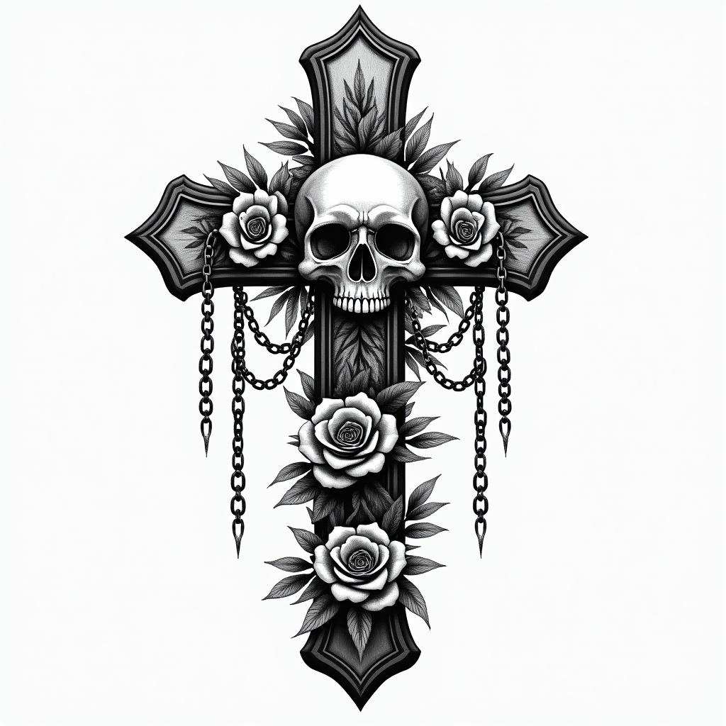 1999 wildflowersin chicano style tattoo, featuring intricate black and grey shading, bold elements of traditional chicano culture symbols, add a big cross with skull, chains and roses - Variation 2