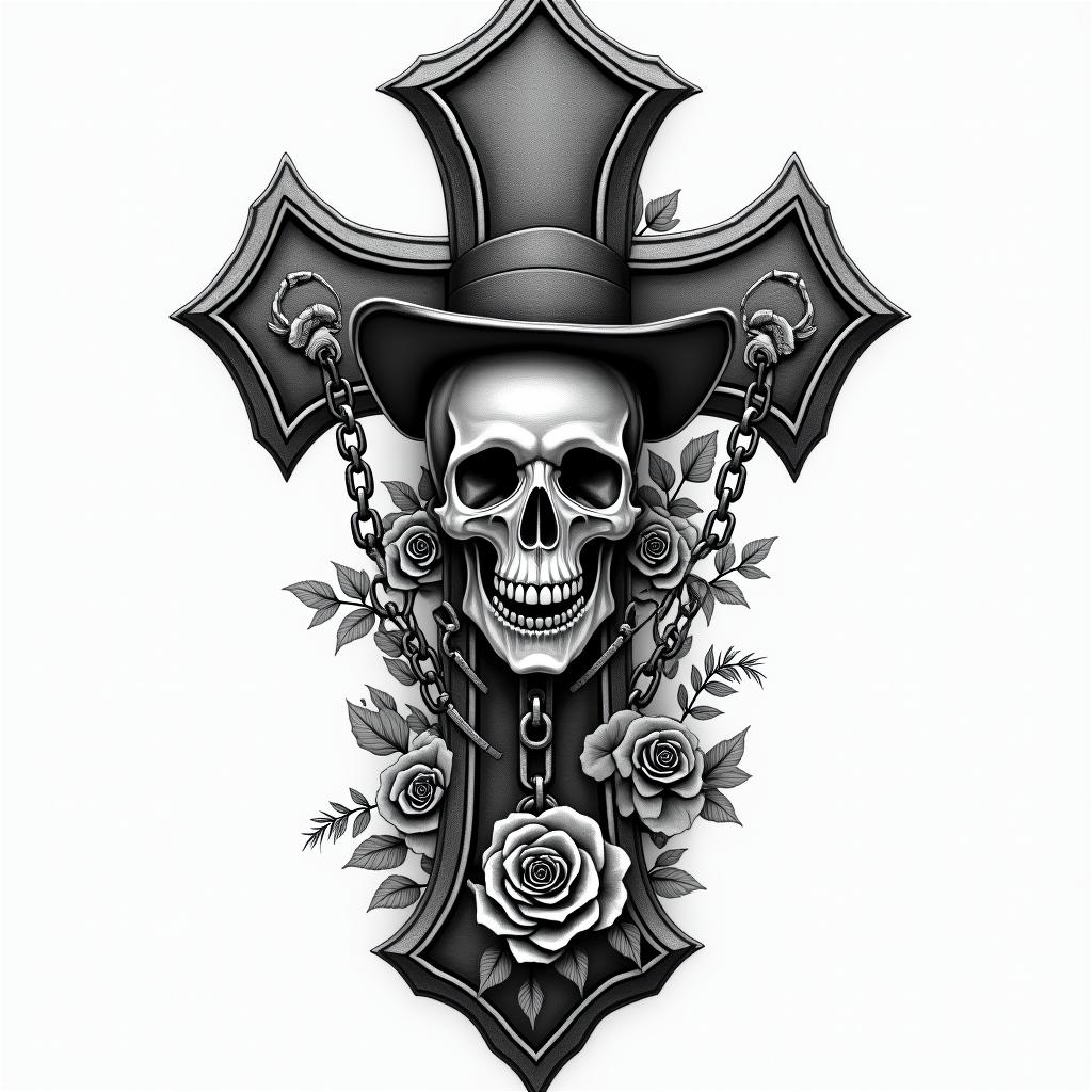 Alice in wonderland gothic stylein chicano style tattoo, featuring intricate black and grey shading, bold elements of traditional chicano culture symbols, add a big cross with skull, chains and roses - Variation 2