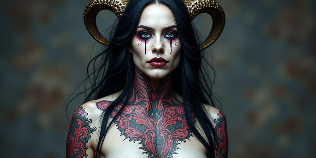 Norse Goddess Hel (In Norse mythology, Hel is described as a being of striking duality: half flesh-colored and half blue, often associated with death. This visual representation, along with her grim and fierce expression, emphasizes her role as the queen of Helheim, the underworld) the picture must not have hornsin pop art style tattoo, featuring bold and vibrant colors, exaggerated outlines, iconic imagery, inspired by comic books and speech bubbles, comic book characters, retro pop culture - Variation 3