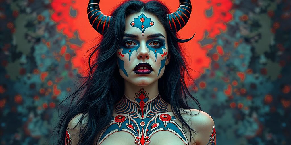Norse Goddess Hel (In Norse mythology, Hel is described as a being of striking duality: half flesh-colored and half blue, often associated with death. This visual representation, along with her grim and fierce expression, emphasizes her role as the queen of Helheim, the underworld) the picture must not have hornsin pop art style tattoo, featuring bold and vibrant colors, exaggerated outlines, iconic imagery, inspired by comic books and speech bubbles, comic book characters, retro pop culture - Variation 2