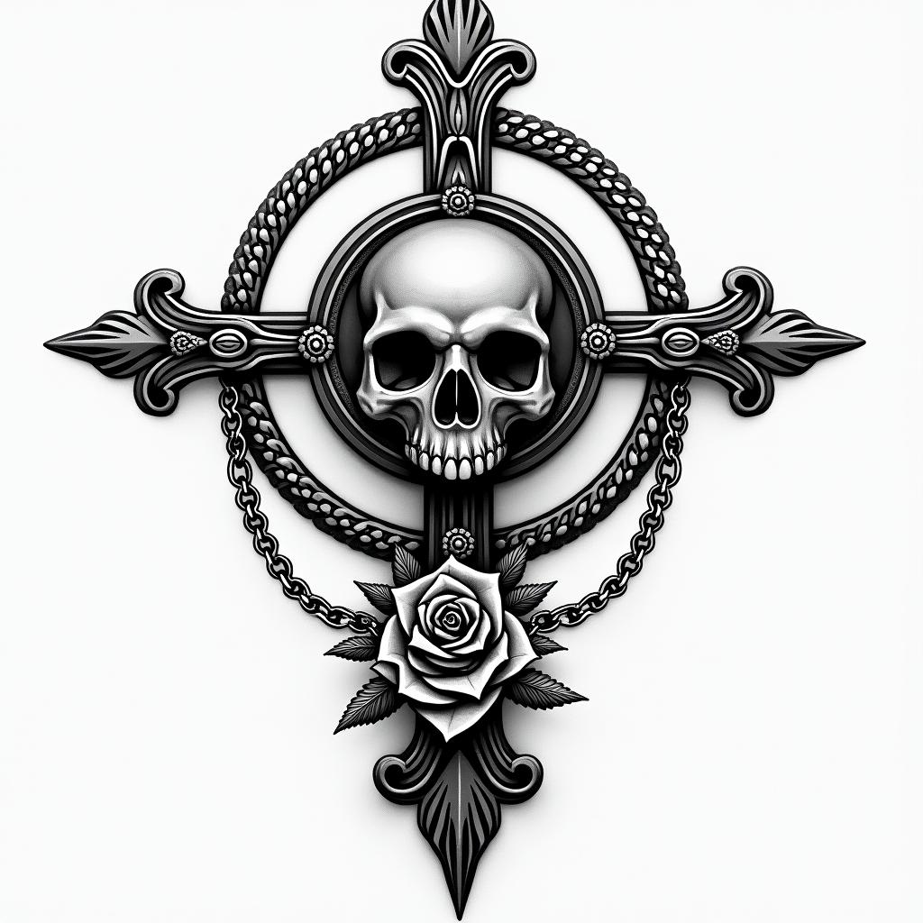 Compass, highly detailedin chicano style tattoo, featuring intricate black and grey shading, bold elements of traditional chicano culture symbols, add a big cross with skull, chains and roses - Variation 2