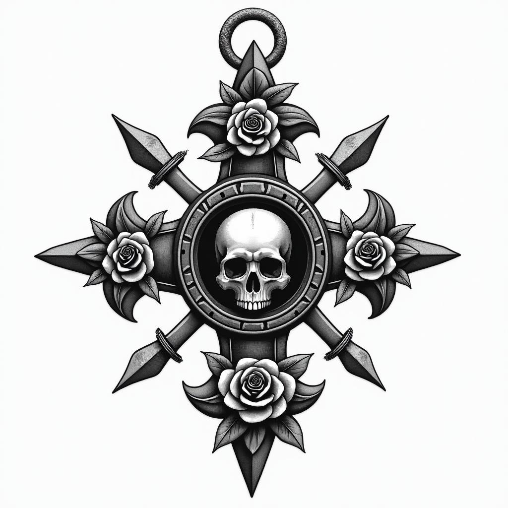 Compass, highly detailedin chicano style tattoo, featuring intricate black and grey shading, bold elements of traditional chicano culture symbols, add a big cross with skull, chains and roses - Variation 3