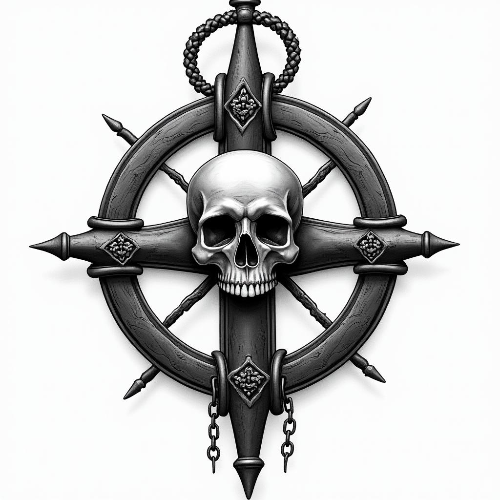 Compass, highly detailedin chicano style tattoo, featuring intricate black and grey shading, bold elements of traditional chicano culture symbols, add a big cross with skull, chains and roses - Variation 4