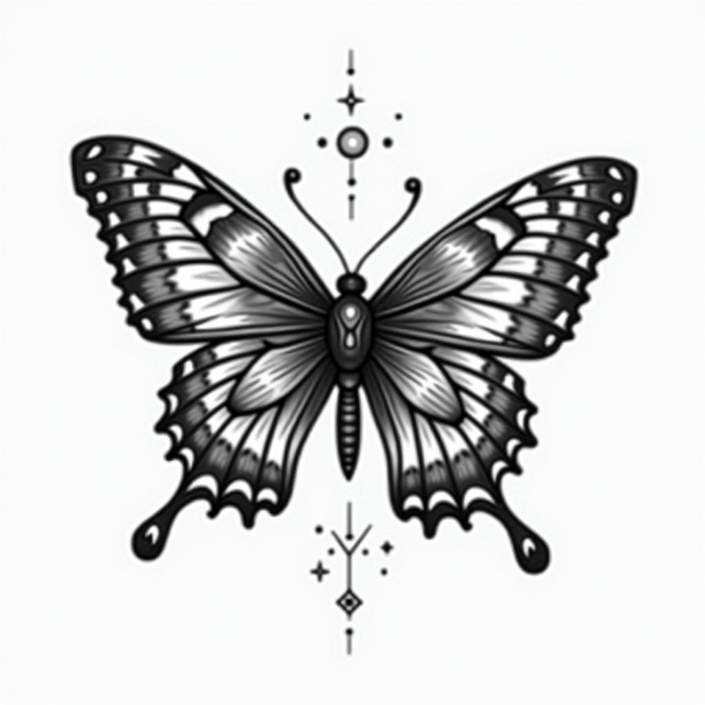 Butterfly with intricate wing patternsin prophecy tattoo style, featuring mystical symbols, celestial imagery like stars, moons, suns, geometric patterns, foretelling elements, an eye of wisdom