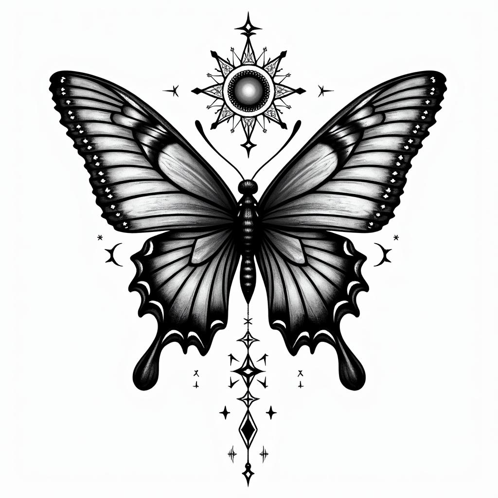 Butterfly with intricate wing patternsin prophecy tattoo style, featuring mystical symbols, celestial imagery like stars, moons, suns, geometric patterns, foretelling elements, an eye of wisdom - Variation 4