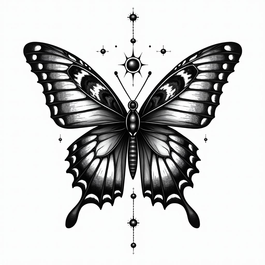 Butterfly with intricate wing patternsin prophecy tattoo style, featuring mystical symbols, celestial imagery like stars, moons, suns, geometric patterns, foretelling elements, an eye of wisdom - Variation 3