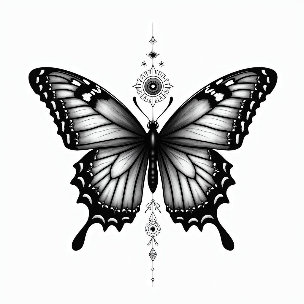 Butterfly with intricate wing patternsin prophecy tattoo style, featuring mystical symbols, celestial imagery like stars, moons, suns, geometric patterns, foretelling elements, an eye of wisdom - Variation 2