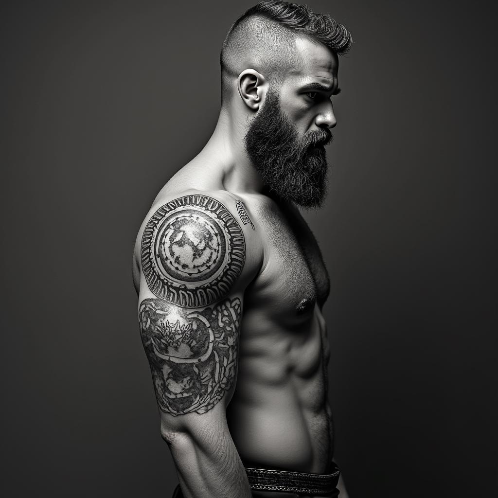 Fierce Viking with intricate helmet designhigly detailed tattoo - Variation 27
