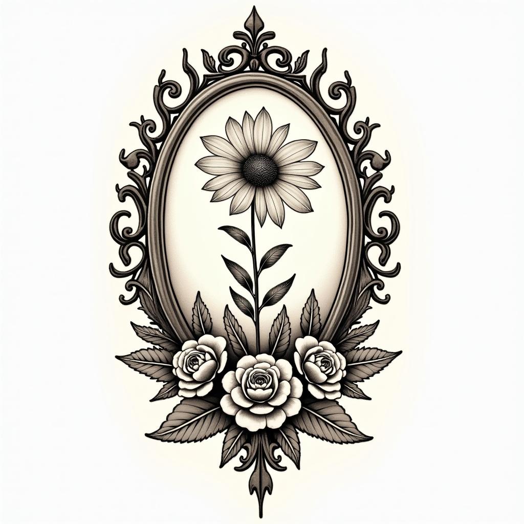 Fantail fern chrysanthemum Jon quillsin victorian style tattoo, featuring vintage and elegant elements, ornate frames, roses, antique, sepia-toned color scheme - Variation 3