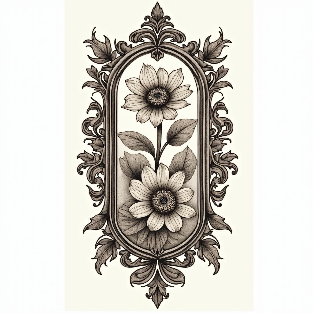 Fantail fern chrysanthemum Jon quillsin victorian style tattoo, featuring vintage and elegant elements, ornate frames, roses, antique, sepia-toned color scheme - Variation 2