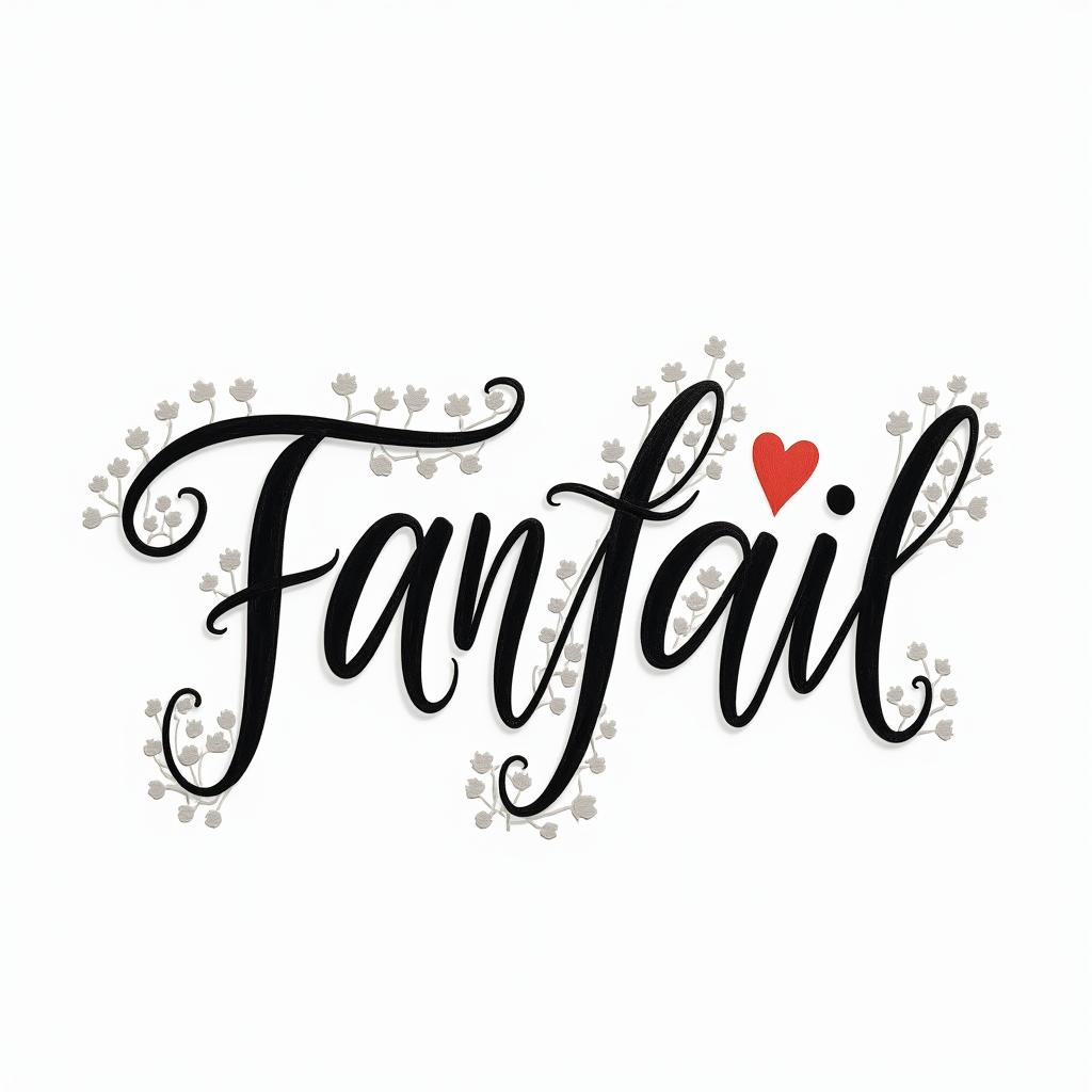 Fern. Fantailin elegant cursive calligraphy style 2d tattoo, decorate with roses, featuring a smooth and flowing handwritten script with slightly thickened strokes for a luxurious and bold appearance,  heart symbol between names,  sleek and glossy black text with shadowing, minimalist matte white background, clean and sharp edges, illuminated with soft lighting, romantic, 8k, high-quality textures with refined typography - Variation 2