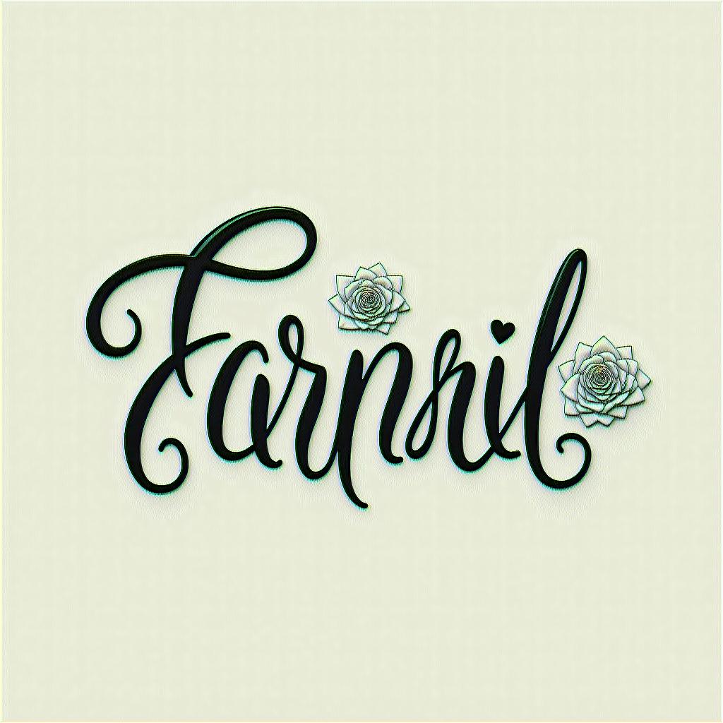 Fern. Fantailin elegant cursive calligraphy style 2d tattoo, decorate with roses, featuring a smooth and flowing handwritten script with slightly thickened strokes for a luxurious and bold appearance,  heart symbol between names,  sleek and glossy black text with shadowing, minimalist matte white background, clean and sharp edges, illuminated with soft lighting, romantic, 8k, high-quality textures with refined typography - Variation 3