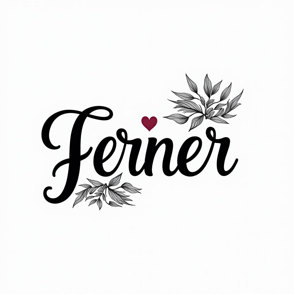 Fern. Fantailin elegant cursive calligraphy style 2d tattoo, decorate with roses, featuring a smooth and flowing handwritten script with slightly thickened strokes for a luxurious and bold appearance,  heart symbol between names,  sleek and glossy black text with shadowing, minimalist matte white background, clean and sharp edges, illuminated with soft lighting, romantic, 8k, high-quality textures with refined typography - Variation 4
