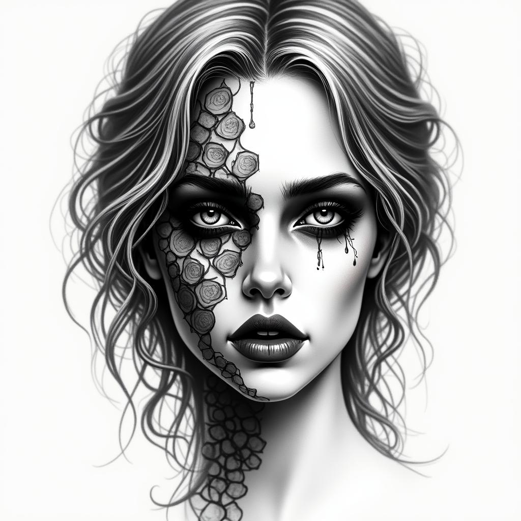 Make a picture of a half beautiful and half dead face, she is called Hel and she is a Goddess and ruler of the underworldhigly detailed tattoo - Variation 1