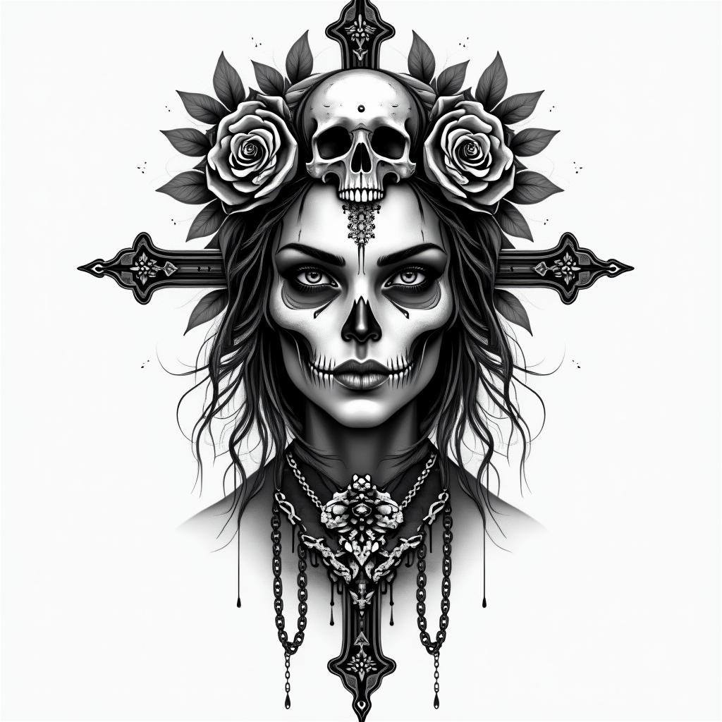 Make a picture of a half beautiful and half dead face, she is called Hel and she is a Goddess and ruler of the underworldin chicano style tattoo, featuring intricate black and grey shading, bold elements of traditional chicano culture symbols, add a big cross with skull, chains and roses - Variation 3