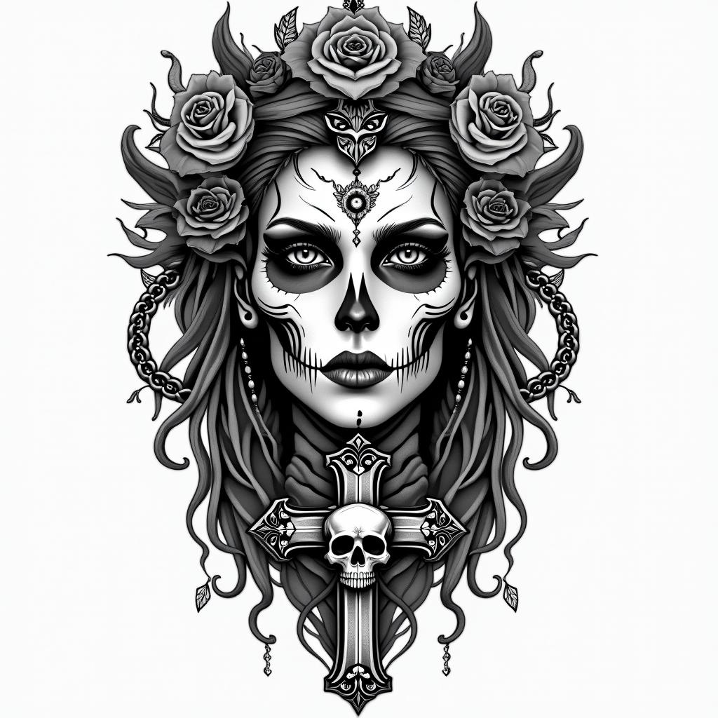 Make a picture of a half beautiful and half dead face, she is called Hel and she is a Goddess and ruler of the underworldin chicano style tattoo, featuring intricate black and grey shading, bold elements of traditional chicano culture symbols, add a big cross with skull, chains and roses - Variation 2