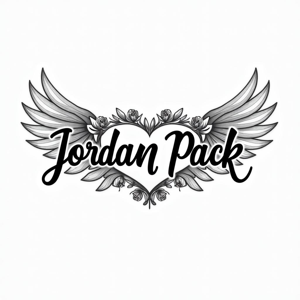 The name Jordan Pack and the date 02/15/23 with wings around each sidein elegant cursive calligraphy style 2d tattoo, decorate with roses, featuring a smooth and flowing handwritten script with slightly thickened strokes for a luxurious and bold appearance,  heart symbol between names,  sleek and glossy black text with shadowing, minimalist matte white background, clean and sharp edges, illuminated with soft lighting, romantic, 8k, high-quality textures with refined typography - Variation 10