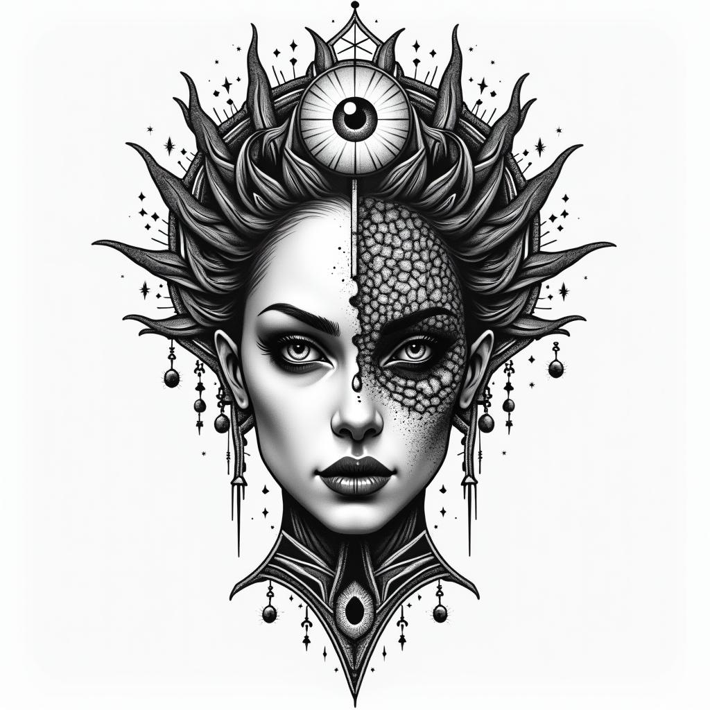 Make a picture of a half beautiful and half dead face, she is called Hel and she is a Goddess and ruler of the underworldin prophecy tattoo style, featuring mystical symbols, celestial imagery like stars, moons, suns, geometric patterns, foretelling elements, an eye of wisdom - Variation 4