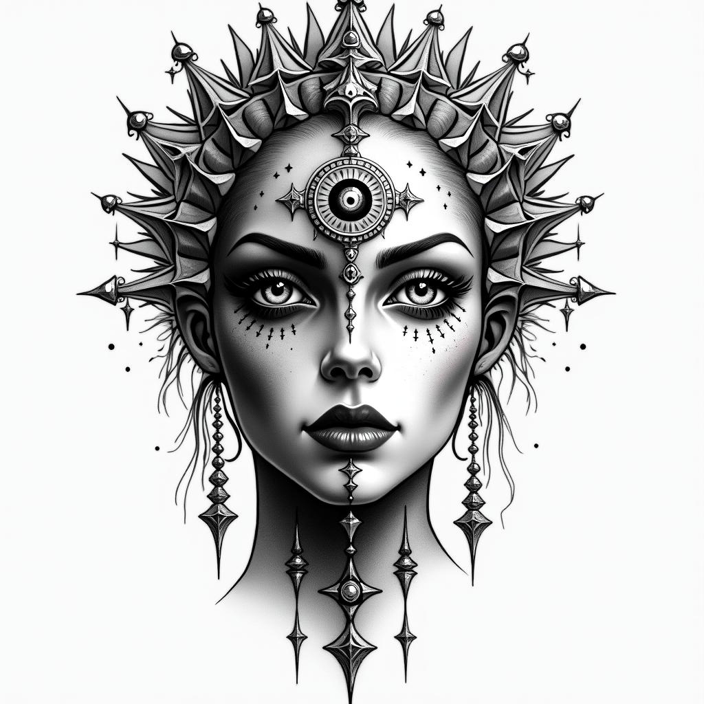 Make a picture of a half beautiful and half dead face, she is called Hel and she is a Goddess and ruler of the underworldin prophecy tattoo style, featuring mystical symbols, celestial imagery like stars, moons, suns, geometric patterns, foretelling elements, an eye of wisdom - Variation 3