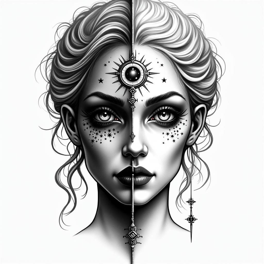 Make a picture of a half beautiful and half dead face, she is called Hel and she is a Goddess and ruler of the underworldin prophecy tattoo style, featuring mystical symbols, celestial imagery like stars, moons, suns, geometric patterns, foretelling elements, an eye of wisdom