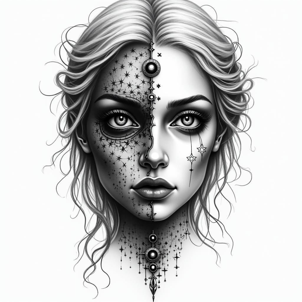 Make a picture of a half beautiful and half dead face, she is called Hel and she is a Goddess and ruler of the underworldin prophecy tattoo style, featuring mystical symbols, celestial imagery like stars, moons, suns, geometric patterns, foretelling elements, an eye of wisdom - Variation 2