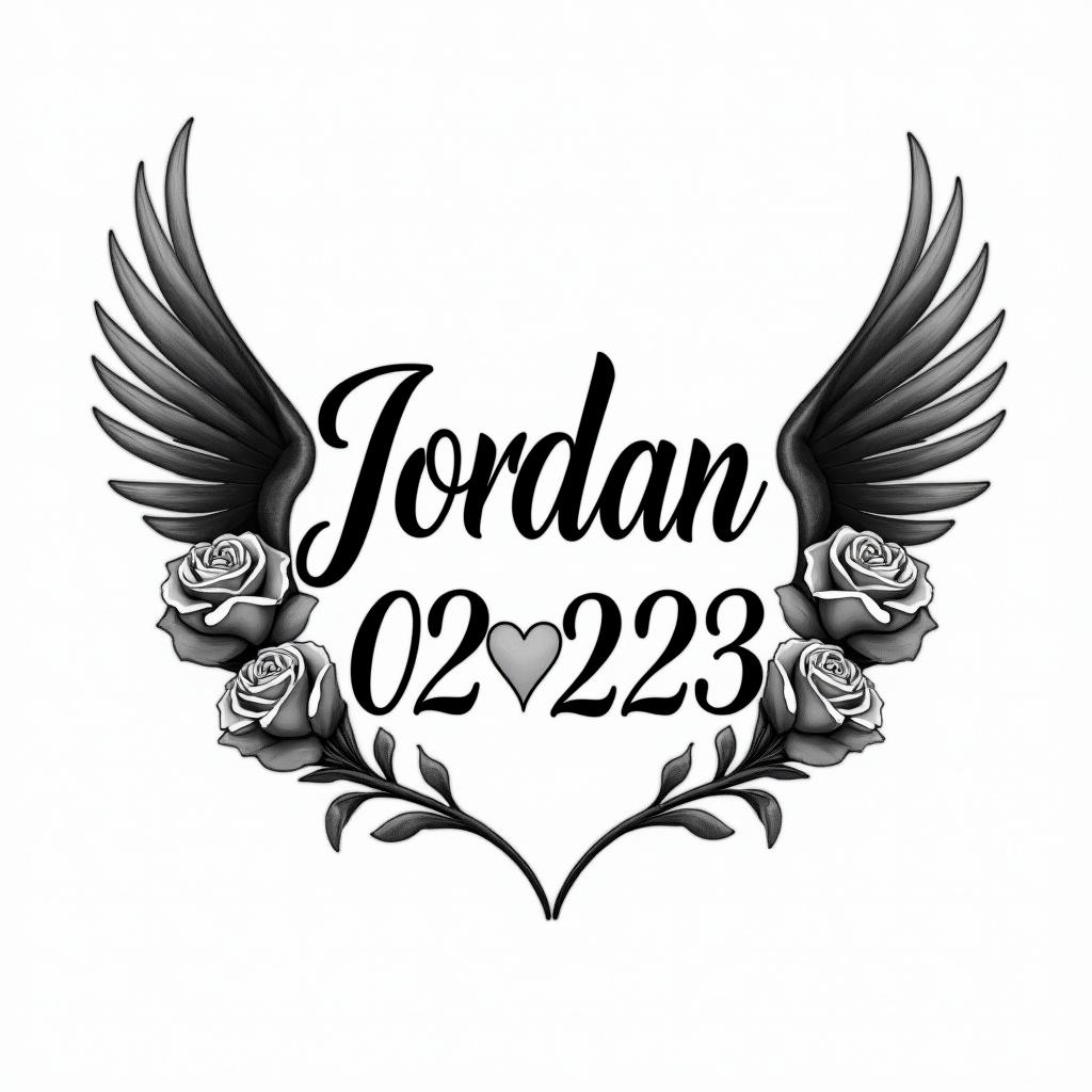 The name Jordan Pack and the date 02/15/23 with wings around each sidein elegant cursive calligraphy style 2d tattoo, decorate with roses, featuring a smooth and flowing handwritten script with slightly thickened strokes for a luxurious and bold appearance,  heart symbol between names,  sleek and glossy black text with shadowing, minimalist matte white background, clean and sharp edges, illuminated with soft lighting, romantic, 8k, high-quality textures with refined typography - Variation 6