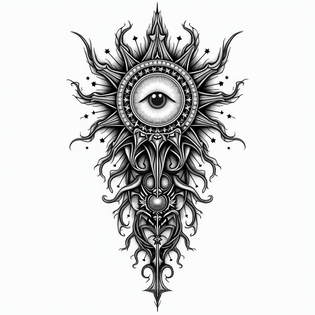 Troy, leo, conwayin prophecy tattoo style, featuring mystical symbols, celestial imagery like stars, moons, suns, geometric patterns, foretelling elements, an eye of wisdom - Variation 6