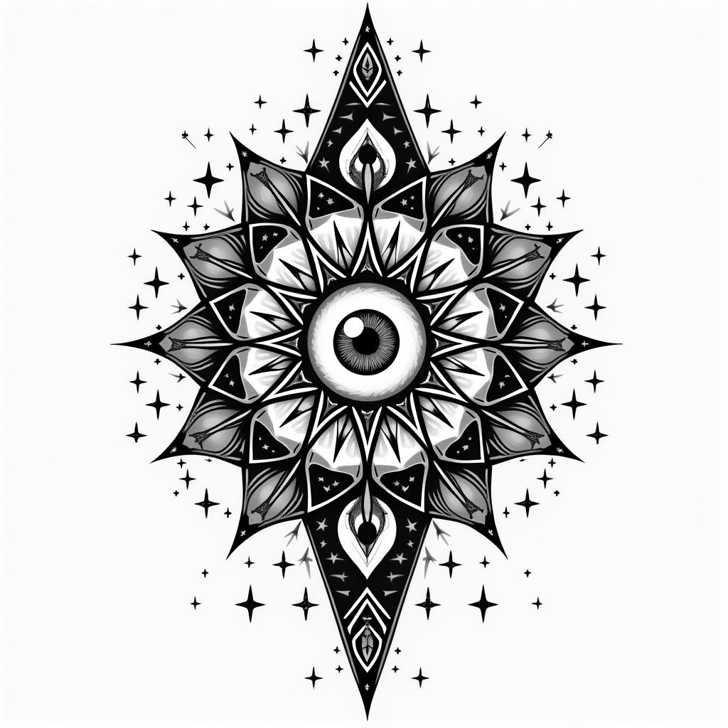 Troy, leo, conwayin prophecy tattoo style, featuring mystical symbols, celestial imagery like stars, moons, suns, geometric patterns, foretelling elements, an eye of wisdom - Variation 8