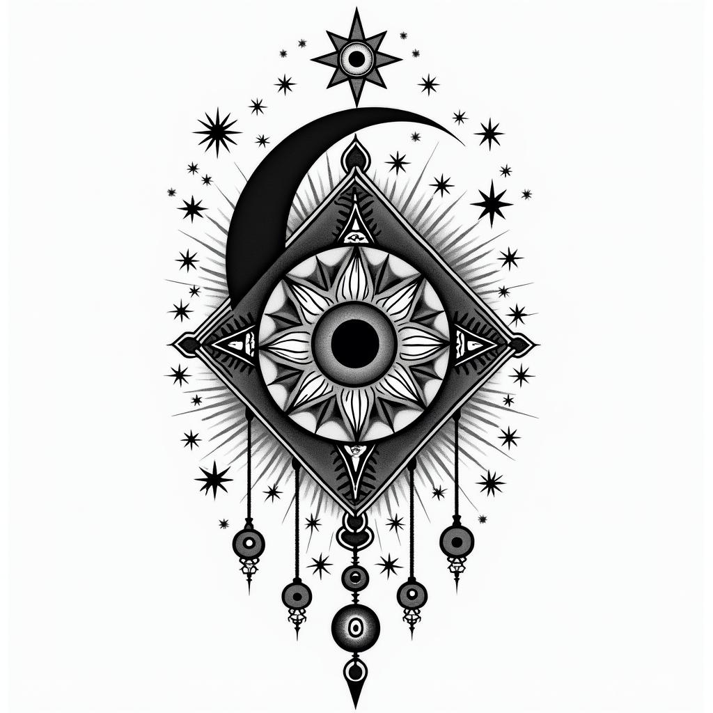 Troy, leo, conwayin prophecy tattoo style, featuring mystical symbols, celestial imagery like stars, moons, suns, geometric patterns, foretelling elements, an eye of wisdom - Variation 7