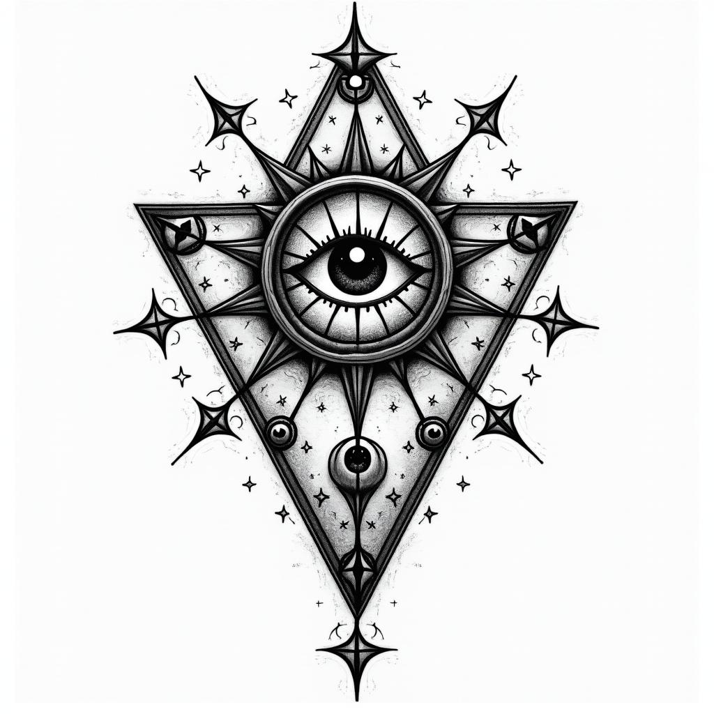 Troy, leo, conwayin prophecy tattoo style, featuring mystical symbols, celestial imagery like stars, moons, suns, geometric patterns, foretelling elements, an eye of wisdom - Variation 5