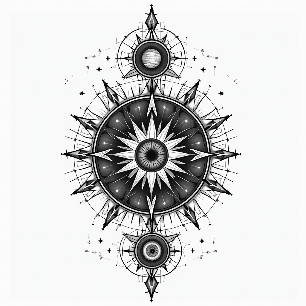 A tattoo that says, faith does not make it easier, it makes it possible.in prophecy tattoo style, featuring mystical symbols, celestial imagery like stars, moons, suns, geometric patterns, foretelling elements, an eye of wisdom - Variation 3