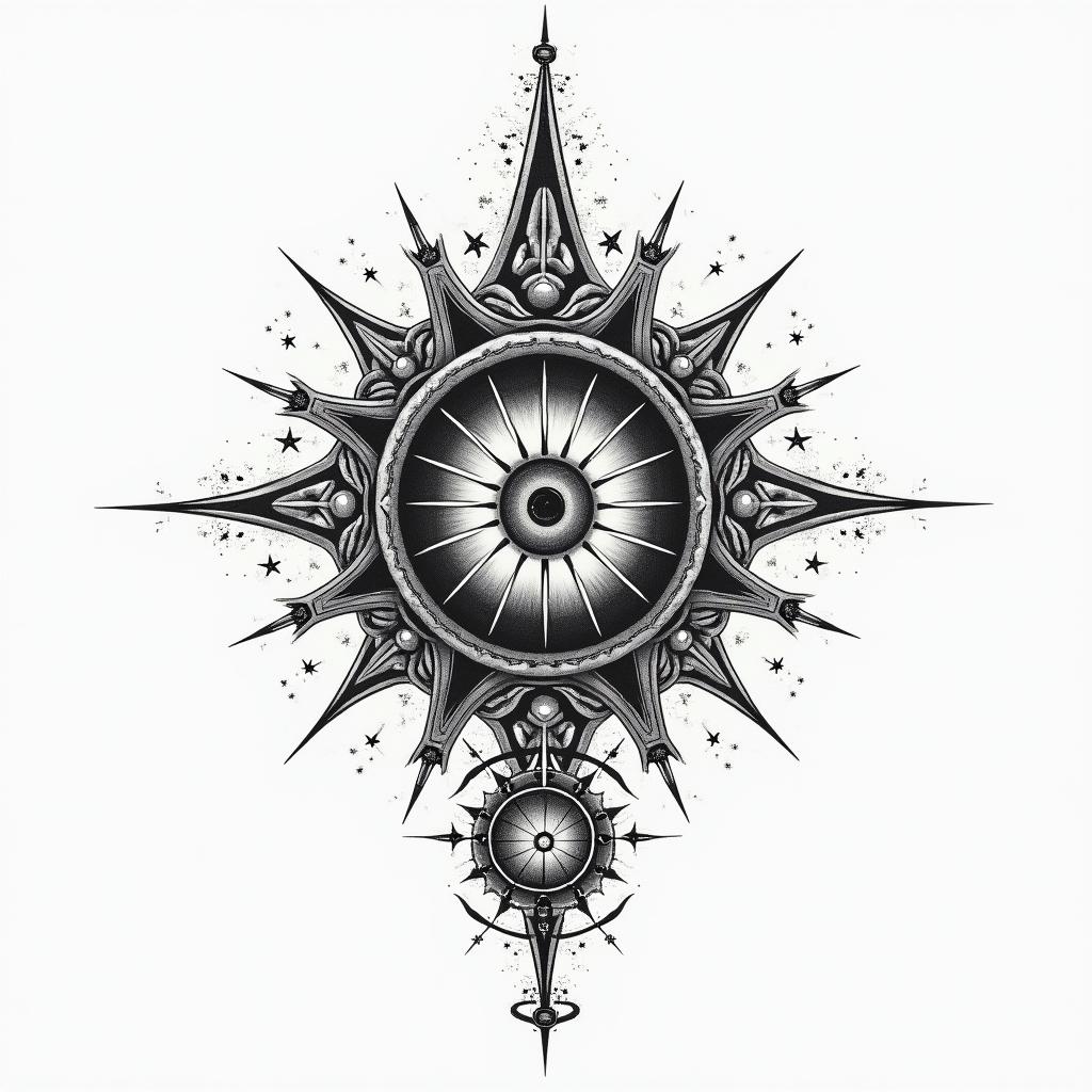 A tattoo that says, faith does not make it easier, it makes it possible.in prophecy tattoo style, featuring mystical symbols, celestial imagery like stars, moons, suns, geometric patterns, foretelling elements, an eye of wisdom - Variation 4