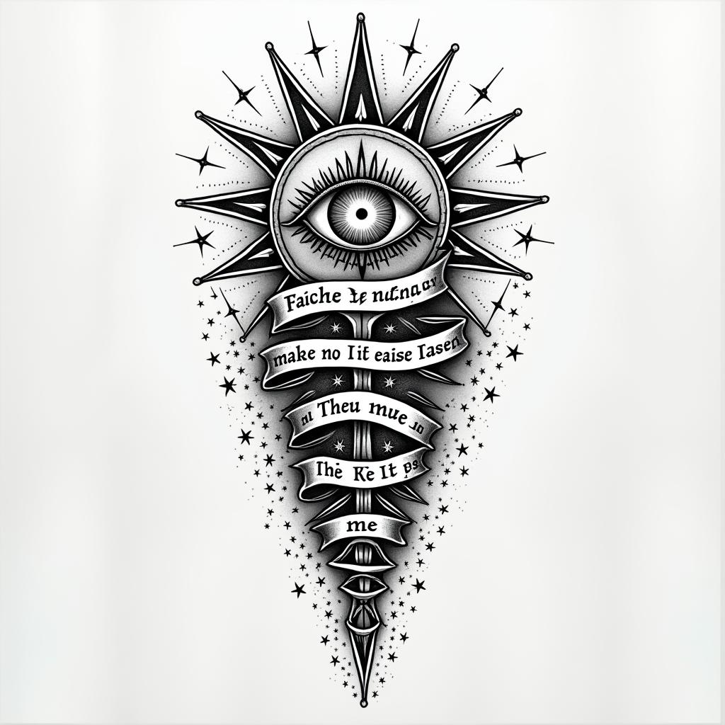 A tattoo that says, faith does not make it easier, it makes it possible.in prophecy tattoo style, featuring mystical symbols, celestial imagery like stars, moons, suns, geometric patterns, foretelling elements, an eye of wisdom