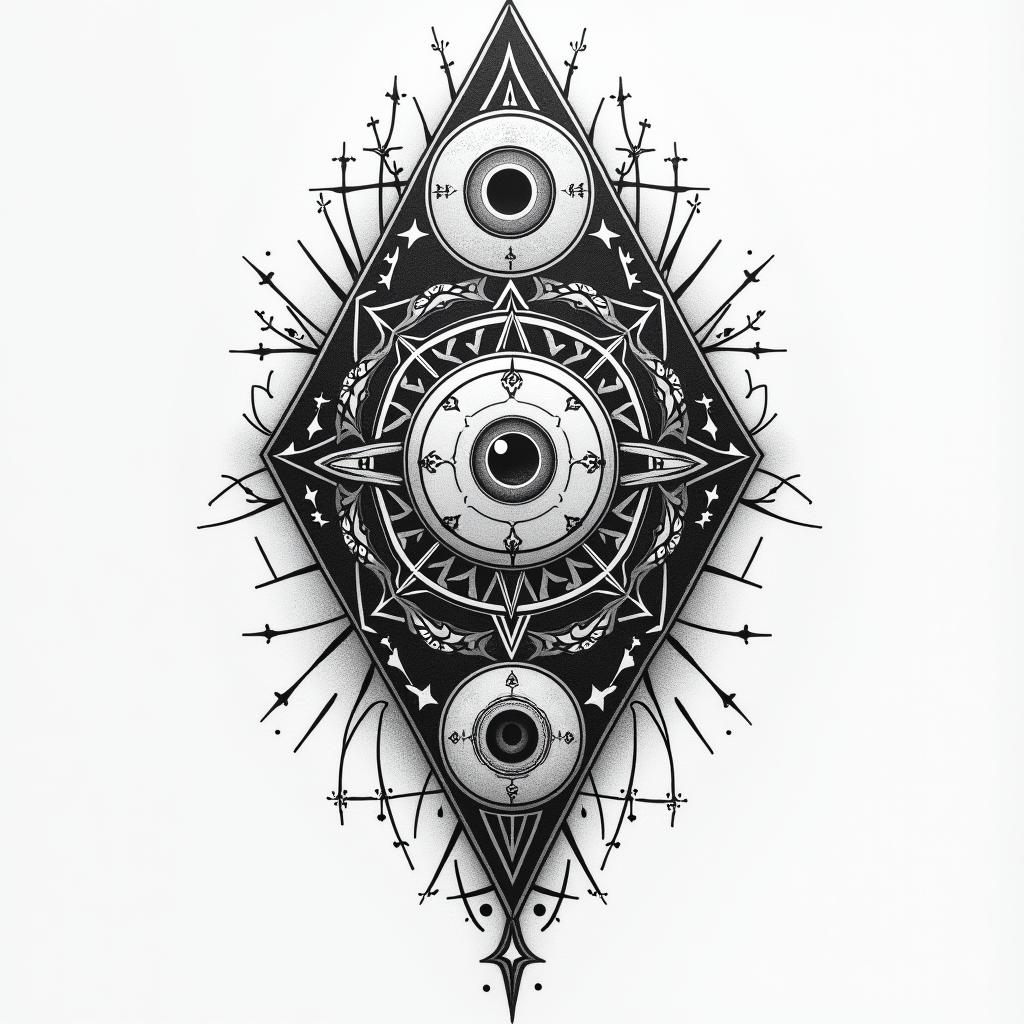 A tattoo that says, faith does not make it easier, it makes it possible.in prophecy tattoo style, featuring mystical symbols, celestial imagery like stars, moons, suns, geometric patterns, foretelling elements, an eye of wisdom - Variation 2