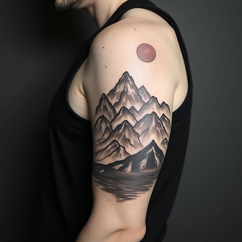 Mountain range with a risingtext-based tattoo, japanese font ultra-realistic, perfectly placed, high-quality font design, photo-realistic shading, 8k, high quality, finely detailed typograph - Variation 1