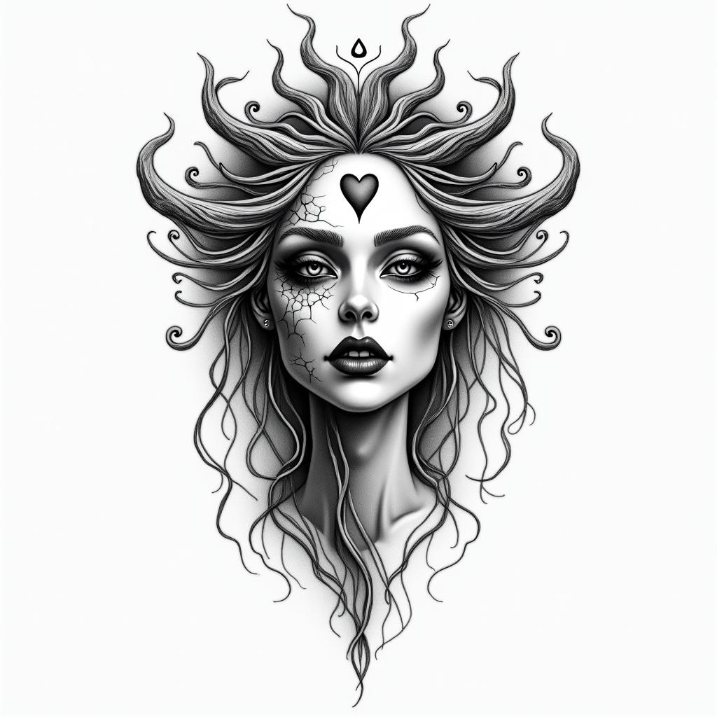 Make a picture of a half beautiful and half dead and rotting face, she is called Hel and she is a Goddess and ruler of the underworldin Modest style tattoo, featuring soft, delicate line work with simple and meaningful symbols, gentle waves, a heart, evoking a sense of serenity and grace, - Variation 2