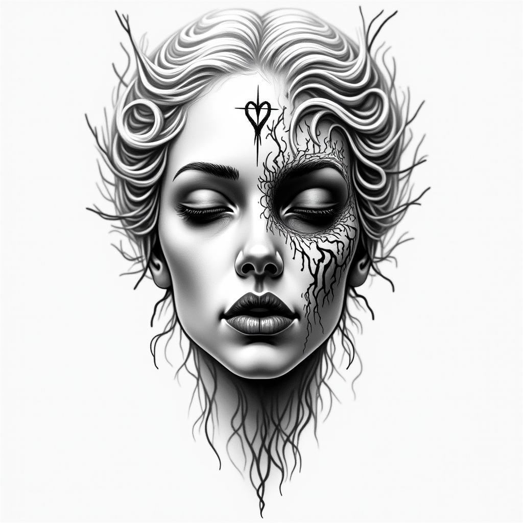 Make a picture of a half beautiful and half dead and rotting face, she is called Hel and she is a Goddess and ruler of the underworldin Modest style tattoo, featuring soft, delicate line work with simple and meaningful symbols, gentle waves, a heart, evoking a sense of serenity and grace, - Variation 4