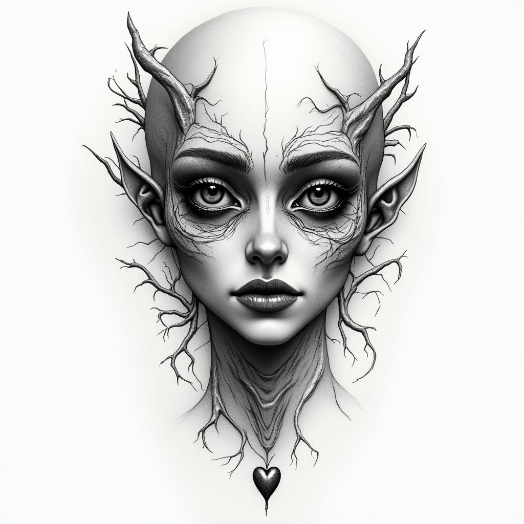 Make a picture of a half beautiful and half dead and rotting face, she is called Hel and she is a Goddess and ruler of the underworldin Modest style tattoo, featuring soft, delicate line work with simple and meaningful symbols, gentle waves, a heart, evoking a sense of serenity and grace, - Variation 3