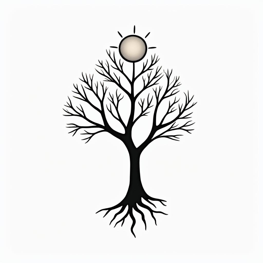 I want a tree of life because I am sick with a sun and the word "val" on a branch.in minimalist style tattoo, featuring simple shapes and fine lines, with minimal shading and details, tiny triangles, creating a sense of balance and harmony - Variation 6