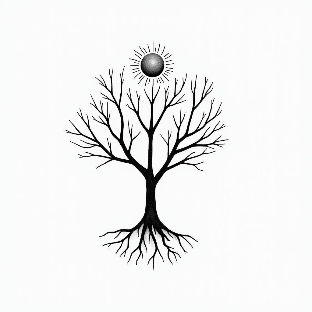 I want a tree of life because I am sick with a sun and the word "val" on a branch.in minimalist style tattoo, featuring simple shapes and fine lines, with minimal shading and details, tiny triangles, creating a sense of balance and harmony - Variation 7