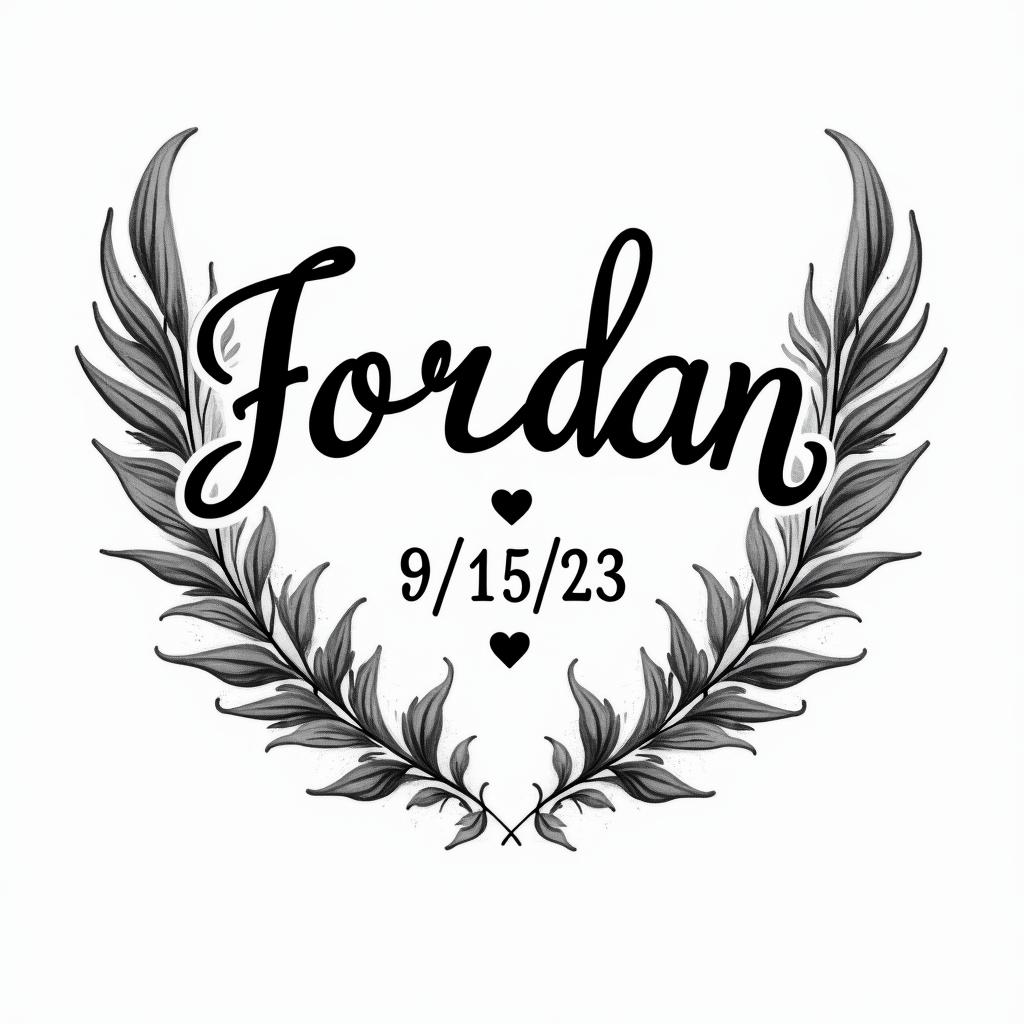 The name Jordan Pack and the date 02/15/23 with wings around each sidein elegant cursive calligraphy style 2d tattoo, decorate with roses, featuring a smooth and flowing handwritten script with slightly thickened strokes for a luxurious and bold appearance,  heart symbol between names,  sleek and glossy black text with shadowing, minimalist matte white background, clean and sharp edges, illuminated with soft lighting, romantic, 8k, high-quality textures with refined typography
